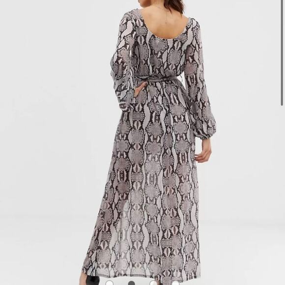 ASOS Maxi Dress Size 8 Sheer Snake Print Scoop Neck Chiffon Long Sleeve Slit - Picture 8 of 8